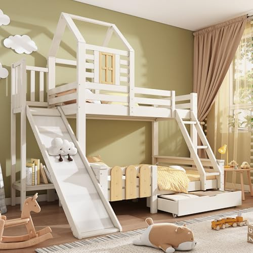 GLYYR Etagenbett Bett 90x200 & 140x200 cm, Hausbett mit Schublade Rutsche und Leiter, Kinderbett Hochbett mit Lattenrost, Blockhaus-Design, EN747-1:2024 Sicherheit(Ohne Matratze)