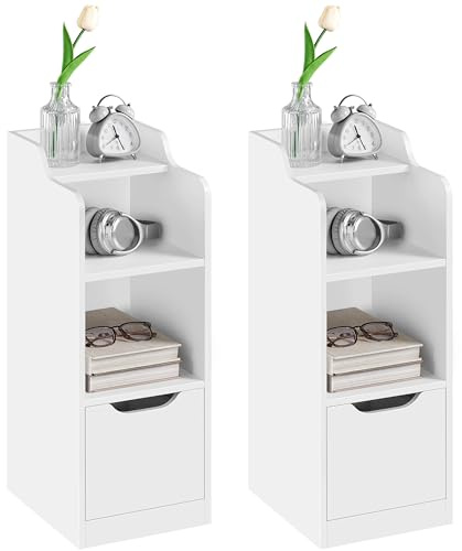 Yaheetech Slim Bedside Tables Set of 2, Narrow Side Table with Drawer & Open Shelf, Bedside Cabinet with Compartment for Bedroom/Living Room Compact Nooks, White