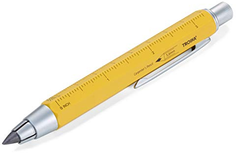 TROIKA ZIMMERMANN 5,6 PEN56/YE - Lápiz de mina HB (mina de 5,6 mm, regla en centímetros/pulgadas, escala 1:20 m/1:50 m, sacapuntas, latón lacado, color amarillo