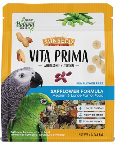 Vitakraft Sunseed Vita Prima Safflower Formula Parrot Food for Medium and Large Birds 4 lb. Bag with Seeds Grains Fruits and Veggies for Wholesome Daily Nutrition Your Parrot is Family