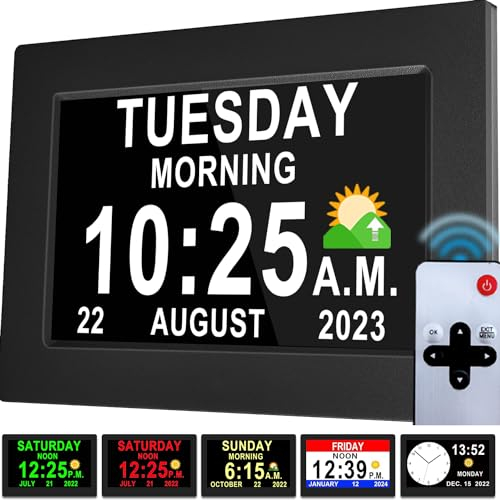 Véfaîî Newest,Dementia Clock 2.0 with Auto DST, 20 Custom Reminders, Day Clock with Sun/Moon icons for Elderly, Sleep Trainer, 7 with Remote & HD Picture Frame