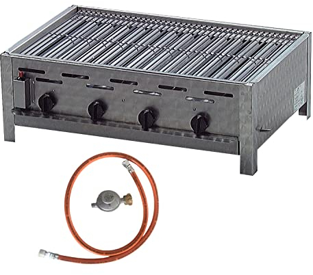 BSR-Grillen 4-flammiger Profi Gasgrill aus Edelstahl, stufenlos regelbar, Gasbräter, Gastrogrill, Gastrobräter mit Gasschlauch und Druckminderer (16,0 kW | verchromter Grillrost)