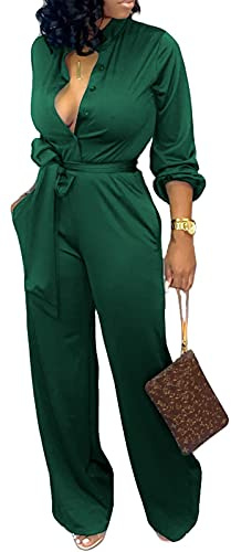 SxClub Green Jumpsuit for Women Dressy Elegant Sexy Long Sleeve Long Straight Pants Office Jumpsuits with Belt Pockets Button(X-Large)