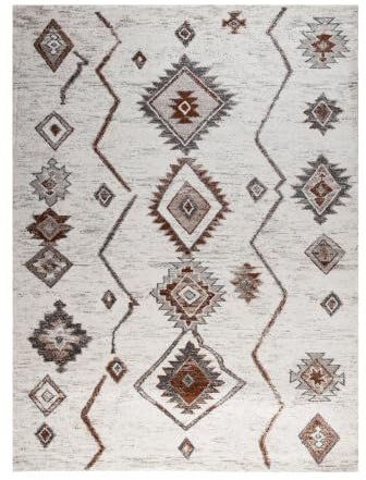 Hochflor Teppich - Blend Aztec Creme Bunt - 120x170 cm | Kariert, Sonstige - Boho, Ländlich, Modern, Skandinavisch, Retro - Wohnzimmer, Esszimmer, Schlafzimmer - Fellteppich