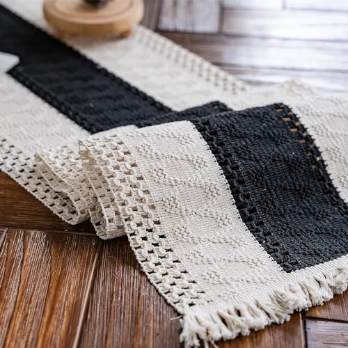 Weldomcor Makramee Tischläufer Boho Baumwollflachs Tischläufer mit Quasten, Rechteckige Häkelspitze Mesh Tischdecke für Küche Vintage Bauernhaus böhmische Hochzeit Tabletop Dekor