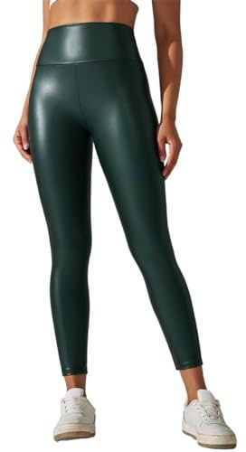 Legging en similicuir pour femme - Effet mouillé - Taille haute - Extensible - Pantalon de yoga - Collants de compression confortables - En cuir synthétique - Coupe ajustée - Jambe fuselée, Vert, XL