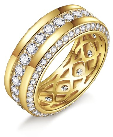 LOIPURI Men's Wedding Band 14K Gold Plated Wedding Ring with 3 Row Classic 2.94CT Round Cut Cubic Zirconia 9mm Width Engagement Ring Size 9