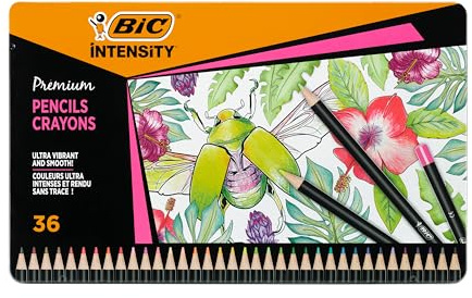 Intensity Premium Boîte de Crayons de Couleur Professionnel en Bois, Crayons de Couleur pour Adultes - Couleurs Assorties, Boîte en Métal de 36