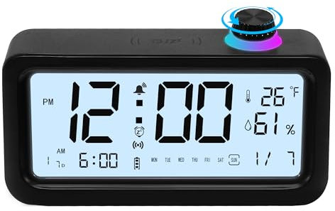 worahroe Digitaler Wecker, Schwarz Digitalwecker mit 3 Lauter Alarmen, Datums-, Monats-, Luftfeuchtigkeit,Temperaturanzeige, LCD-Display Wecker Schlafzimmer Tischuhr Nachttischwecker, Netzbetriebene
