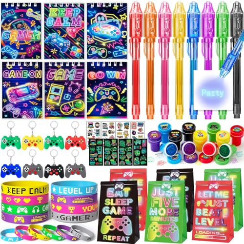 Videospiel Mitgebsel Kindergeburtstag 5 6 7 8 9 Jahre Give Aways Gastgeschenk mit UV Zauberstifte Notizbuch Schlüsselanhänger Silikonarmband Geschenktüten Gamer Party Mitbringsel Pinata Füllung Kinder
