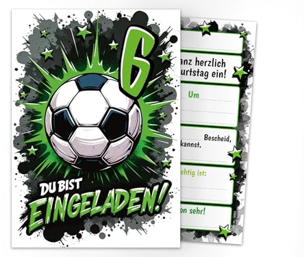 Junaversum 12 Einladungskarten zum 6. Kindergeburtstag Jungen Fußball Fussball Kinder coole bunte Einladungen sechste Geburtstag Geburtstagseinladungen Kids