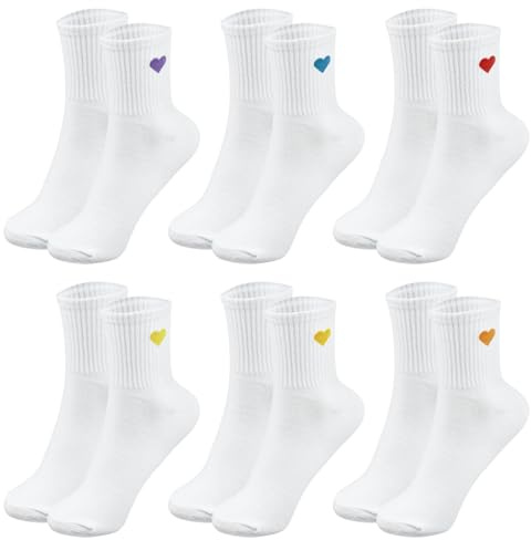 Soleeya 6 Paar Weiße Tennissocken Damen mit Herzmotiv, 35-40 Atmungsaktiv Sportsocken Lustige Socken mit Herzen 95% Baumwolle Statement Tennissocken Crew Socks Damen