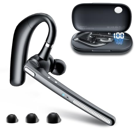 COTOE Bluetooth-Headset V5.3, kabelloser Ohrhörer mit 500 mAh Ladehülle, Freisprech-Kopfhörer, Geräuschunterdrückung, Mikrofon für Büro/Fahren/Business,Schwarz