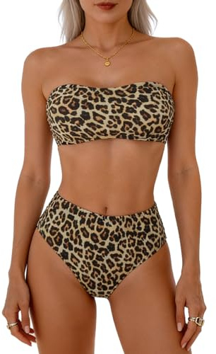 High Waisted Bikini Set for Women UK, Sexy Leopard Print Strapless Bandeau & Briefs, 2 Piece Swim Sets for Beach, Pool & Holiday (UK, Alpha, M, Regular, Regular)