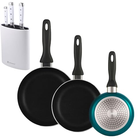 Well Home Set de 3 Sartenes Ø16Ø20Ø24cm de Aluminio prensado en Azul metalizado+Juego de 3 Cuchillos de acero inoxidable + Tacoma en color Blanco