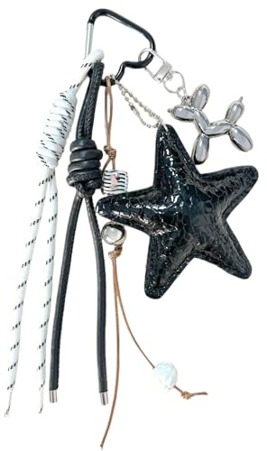 Ypkia Y2k Porte-clés en forme d'étoile esthétique avec corde tissée en cuir synthétique Boucle en forme de cœur pour pendentif de sac pour femme et fille, Noir , L