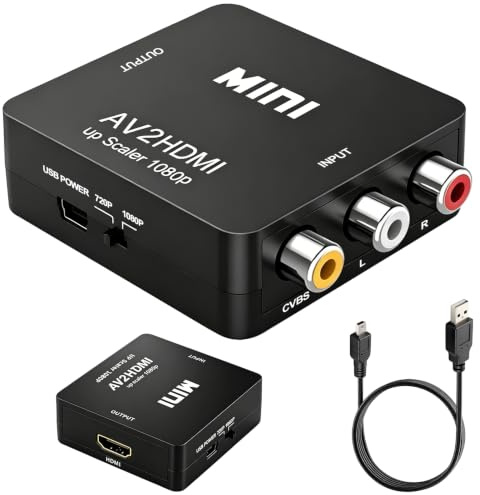 Convertidor RCA a HDMI 1080P Adaptador AV a HDMI CVBS Audio Vídeo Compuesto | RCA a HDMI Unidireccional para TV PC PS2 PS3 Xbox VHS VCR Cámara DVD, Soporta PAL/NTSC, Cable de Alimentación USB Incluido
