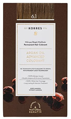 KORRES Argan Oil Colorant – ammoniakfreie Haarfarbe mit Bio-Arganöl Dunkelblond Asch 6.1 – 100% Grauhaarabdeckung & vegan für ein langanhaltendes Farbergebnis