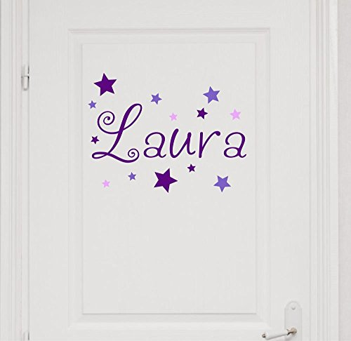 Wandtattoo Türaufkleber, Kinderzimmer mit Namen für Mädchen, 73001-29cm-tricolore-violett, mit bunten Sternen fürs Mädchenzimmer, Wandaufkleber Wandtatoos Sticker Aufkleber für die Wand, Tapetensticker, Tattoo aus Markenfolie, Namensaufkleber mit Wunschname, in 32 Farben wählbar
