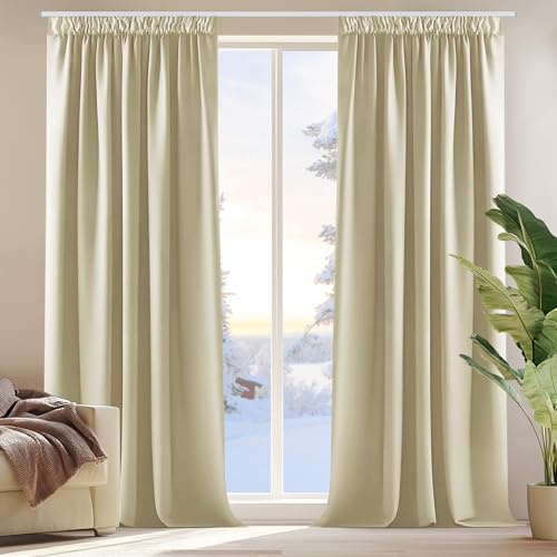 Deconovo Vorhang Verdunkelungsvorhang Kräuselband Gardinen Wohnzimmer Blickidcht Winter, 245x140cm(HöhexBreite), Beige, 2er Set