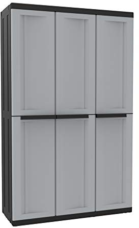 Kreher XXL Mehrzweckschrank mit Böden, Spind und Haken-Leiste aus Kunststoff in schönem Sand-Grau. Maße BxTxH in cm: 102 x 39 x 170 cm.