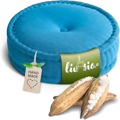 livasia Meditationskissen - Ø 45x15cm - Pouf einfarbig, Yogakissen mit Kapokfüllung, Bodenkissen Yoga und Zen Meditation, Sitzkissen für Garten und Balkon, Zafukissen handgefertigt (Hellblau Uni)