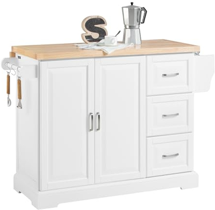 SoBuy Isla de Cocina, encimera Extensible de Madera Maciza, 130×46–71×91 cm | Carrito de cocina con 3 cajones, ruedas y espacio de almacenaje, para cocinas pequeñas y comedor, Blanco, PB/MDF, FKW41-II-WN