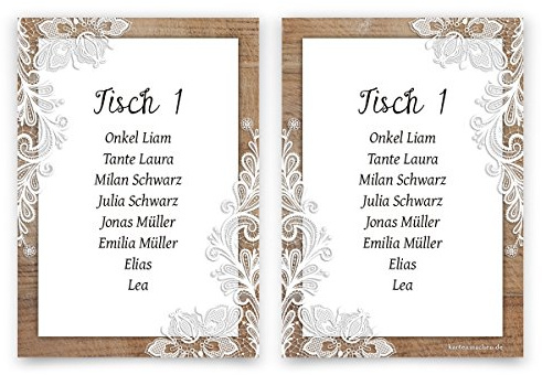10 x Hochzeit Tisch Sitzplan Sitzordnung individuell - Rustikal mit weißer Spitze