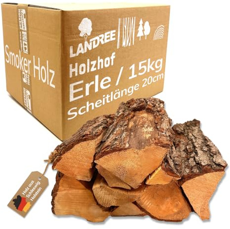 Landree Erle Smoker-Holz 15 kg - 20 cm Scheitlänge - Feines Räucherholz für delikate Aromen, naturbelassen & mild, Qualität aus Schleswig Holstein