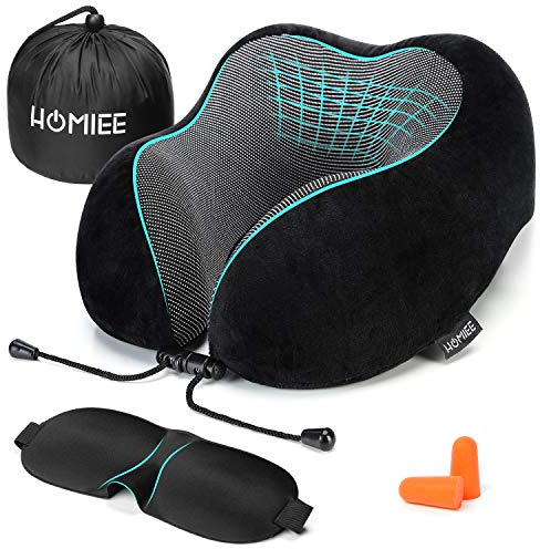 HOMIEE Cojín de Viaje de Espuma viscoelástica cojín Cervical de Viaje Ajustable para Tren, avión, Oficina y hogar, con máscara para los Ojos e Inserciones para los oídos, Negro, Large