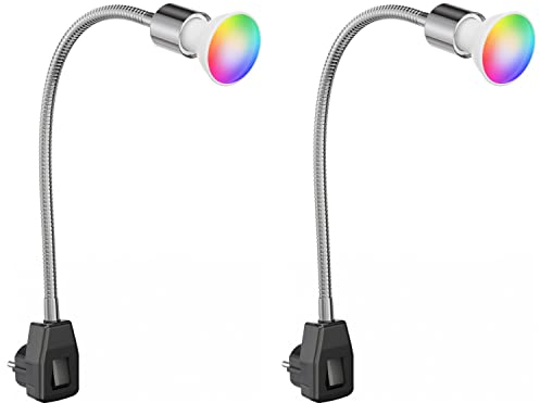 ledscom.de 2 Stück Steckdosenlampe LESCH Leselampe Schwanenhals, Schalter, chrom/schwarz + Smart Home RGBW GU10 LED Lampe 473lm