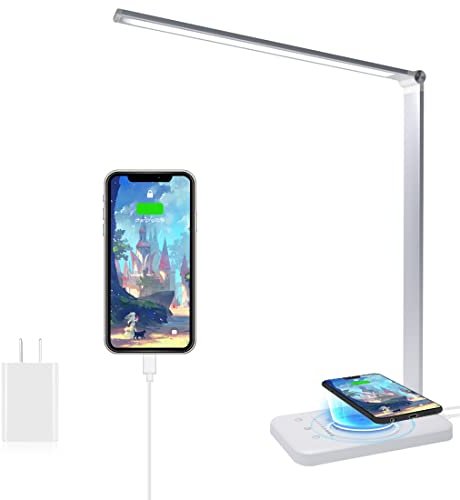 MYCUL Lampe de Bureau LED avec Chargeur sans Fil, Lampes de Bureau Dimmable 10 Niveaux de Luminosité 5 Modes de Couleur, Lampe de chevet Avec Port USB et Fonction Minuterie, Flexible Contrôle Tactile