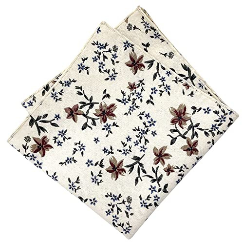 Kebocis Men's White Floral Pocket Square Handkerchief for Men, Beige Cream
