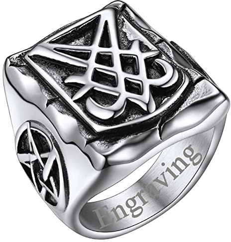 FaithHeart Satan Luzifer Fingerring Personalisierter Baphomet Satanischer Siegelring Punk Biker Pentagramm Ring Partnerring Freundschaftsring für Herren Männer