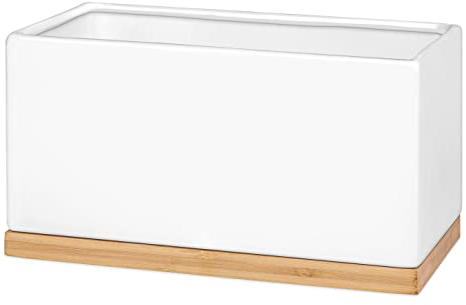 Maverton Keramik Blumentopf mit Untersetzer aus Bambusholz - Pflanzentopf rechteckig - Küche Dekoration - Blumenkübel für Frauen - zum Geburtstag - zum Einzug - Weiß
