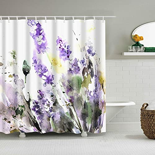 Lila Lavendel Schöne Blume Duschvorhänge, mit Blumen bedruckter Badezimmervorhang aus wasserdichtem Polyester-Badevorhang mit Haken 195x200cm(BxH)