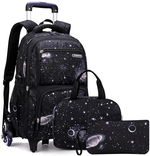 Voici et Voila Cadeaux Scolaire 3pcs Trolley Bag Grand Sac à Dos Roulette Garcon Filles Sac Cabine Voyage Enfant Cartable à Roulettes Enfant Galaxy Noir 30x23x46cm