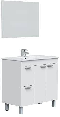 HOMN LIVING Mueble de Baño Adam con 2 cajones 2 Puertas, Espejo y Lavabo PMMA, Acabado en Blanco Brillo, 80 cm (Ancho) x 45 cm (Fondo) x 80 cm (Alto)