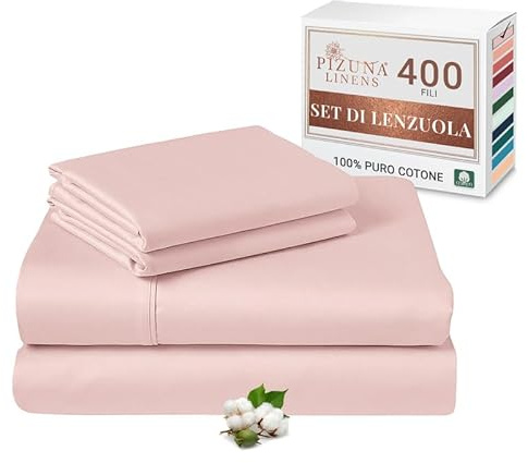 Pizuna Set lenzuola letto king size Cotone 160x200 cm Rosa Chiaro, 400 fili con trama Sateen in 100% Cotone a fiocco lungo Biancheria De Letto con 1 lenzuolo con angoli, 1 lenzuolo sopra, 2 federe