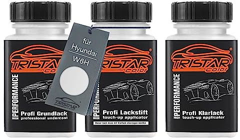 TRISTARcolor Autolack Lackstifte für Hyundai W6H Serenity White Perl +1K | Set aus Grundlack + Basislack + Klarlack, Lackfläschchen mit Pinsel, je 50ml