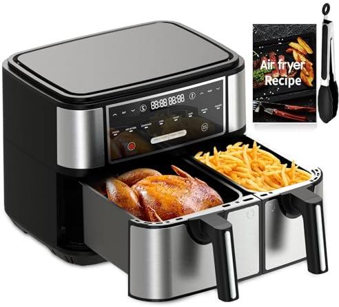 EUARY 4L+6L Dual Baskets Air Fryers for Family,8-In-1 Compact Oven with Smart Finish,Oil Free Double Zone Air Fryer with Cookbook,Timer & Temperature Control,Nonstick 2600w