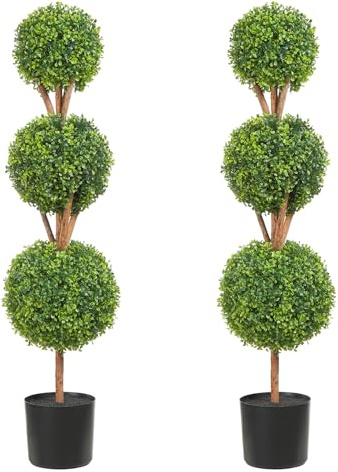 VEVOR Buchsbaumkugel Künstlich 122cm hoch Garten Deko Buchsbaum im Blumentopf Kugel künstlich Buchskugel Kunstpflanze aus PE, Holz, PP inkl. 2 STK. Dekorative LED-Leuchten und 10 STK. Ersatzblätter
