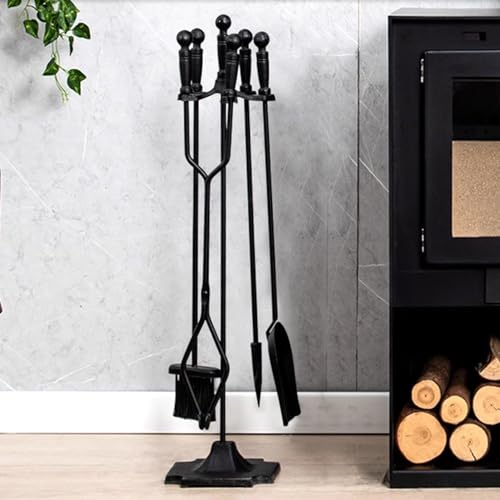 AVIISO Kaminbesteck Innenkaminwerkzeuge Set für Woodburner, 5 Stücke Schmiedeeisen -Fireset -Stand für Weihnachten, Moderne Feuerstelle Log Zungenhalter