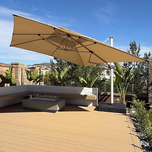 PURPLE LEAF Parasol Déporté 3,65 x 3,65 m Carré avec LED, Parasol De Jardin Extérieur, Toit à Double, Rotatif 360°, Pour Terrasses, Piscines, Restaurants Extérieurs, Beige