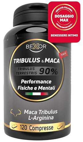 Maca Peruviana Nera + Tribulus Terrestris + Arginina + Vitamina B C D | Alto Dosaggio | 120 compresse | Integratore per Vigore fisico e mentale | Bexor