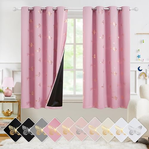 Jubilantex Rose Pink Metallic Gold Butterfly Blackout Curtains 54 Long for Small Window Girls Bedroom Nursery Window Curtains,Grommet Top 2 Panels