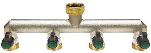 Photener Brass Hose Splitter 4 Way, Garden Hose Tap Splitter Connector, European Standard 3/4 Female to 4-Way Male Thread with 4 Individual Ball Valves for Regulating & Shutting Off Water Flow