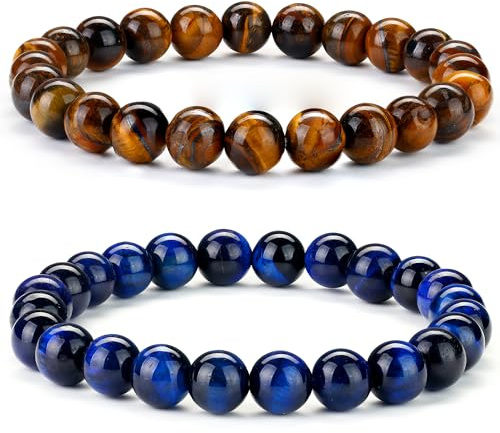 Chriscoco 8 mm Armband für Herren und Damen, Perlen-Armband, Paar, Armband, Naturstein, Tigerauge, Lavastein, Schmuck für Herren, [APPROXIMATELY] 7,3 to 10,4 inches, Stein Metall, Ohne Schmucksteine