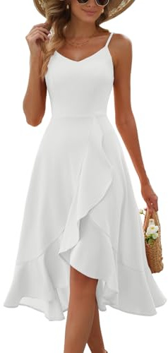 DRESSTELLS Cocktailkleid Damen Kleid Hochzeit Festlich Träger Hochtief Weiß Knielang Damenkleider Rückenfrei Curvy Elegantes Partykleid White M