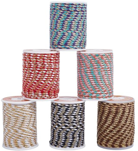 SUNNYCLUE 6 rouleau de 26.3 mètres de Cordon Tressé en Macramé de 1.5mm de Fil de Coton Métallique Fin et Coloré en Polycoton Arc en Ciel pour la Fabrication de Bijoux de Bracelets de Perles de Fourni